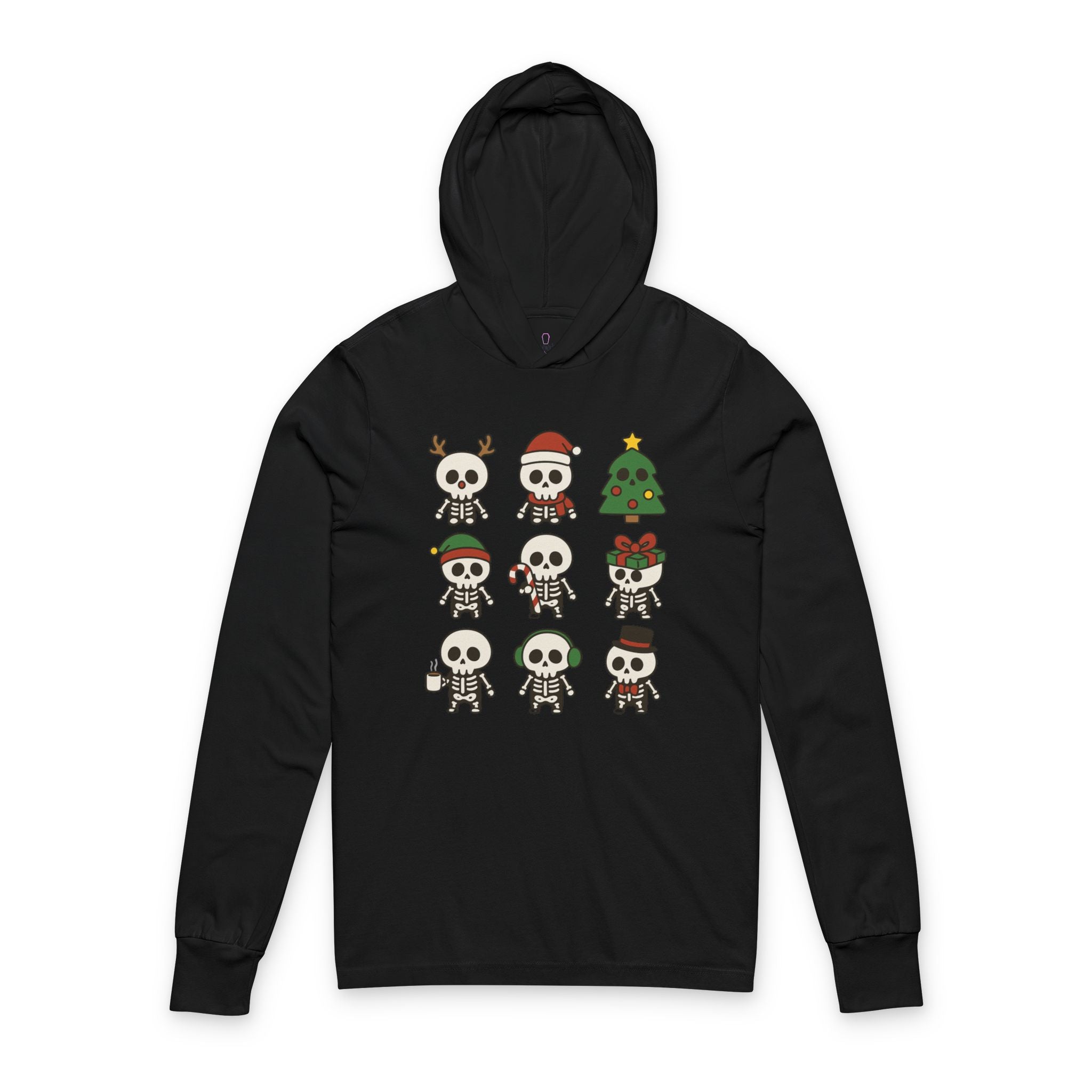 Festive Skeleton Hoodie, Unisex Long Sleeve Tee for Christmas, Halloween, Holiday Parties, Gift for Skull Lovers, Cozy Seasonal Wear