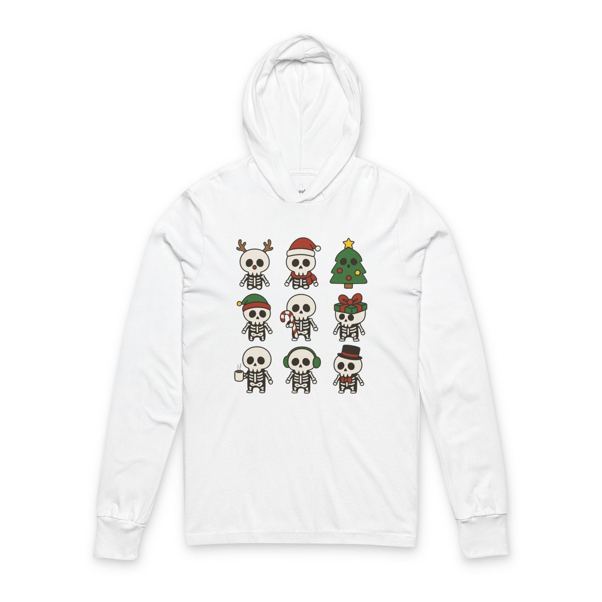 Festive Skeleton Hoodie, Unisex Long Sleeve Tee for Christmas, Halloween, Holiday Parties, Gift for Skull Lovers, Cozy Seasonal Wear