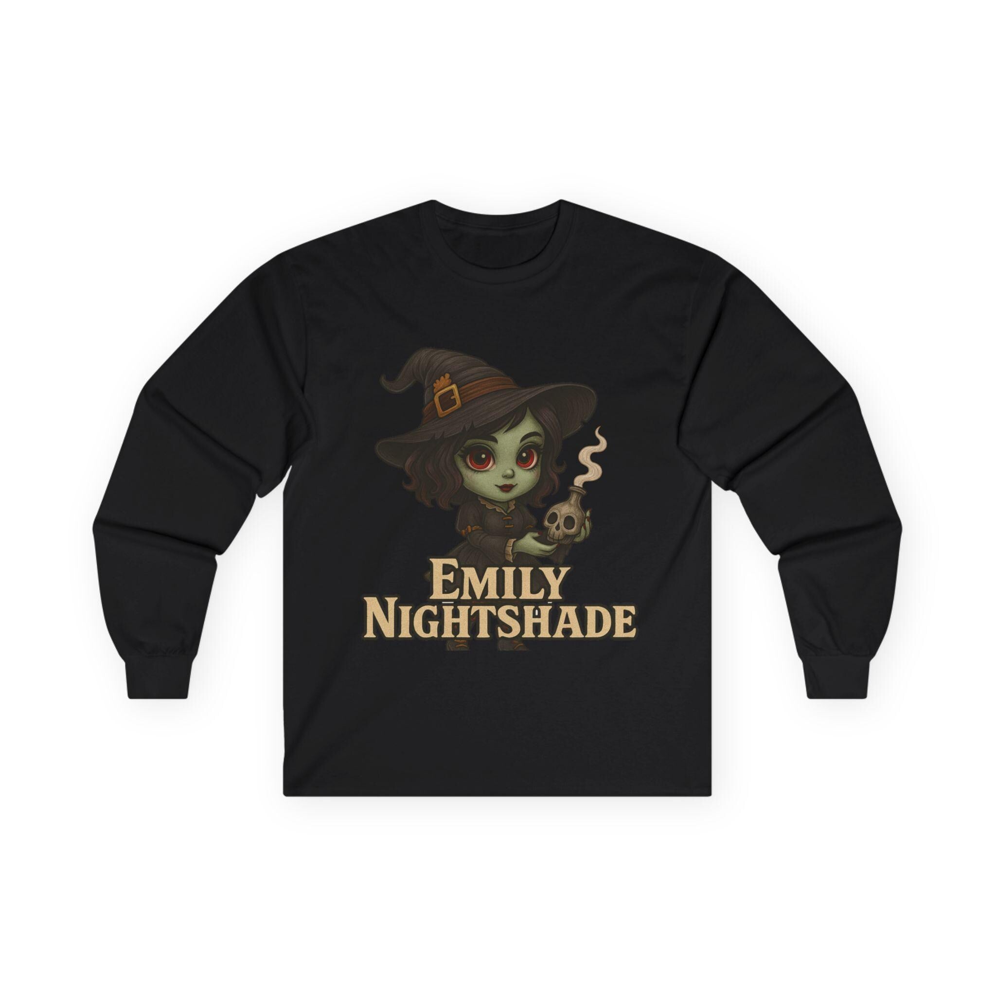 Emily Nightshade - Witch Long Sleeve Tee, Halloween Shirt, Spooky Apparel, Cute Witch T-Shirt, Gift for Witch Lovers, Cozy Fall Fashion