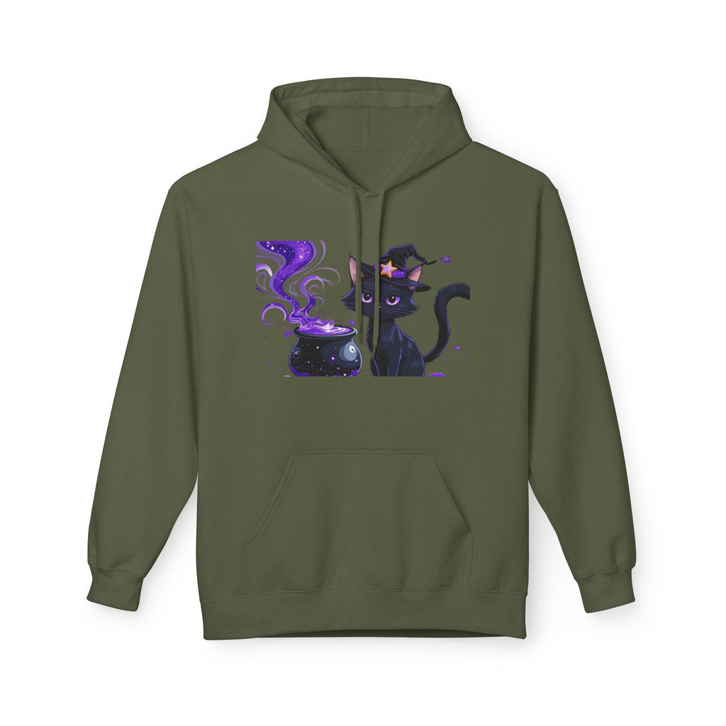 Spooky Cat Fleece Hoodie, Witchy Apparel, Cozy Unisex Sweatshirt for Halloween, Cat Lover Gift, Cute Hoodie, Autumn Fashion