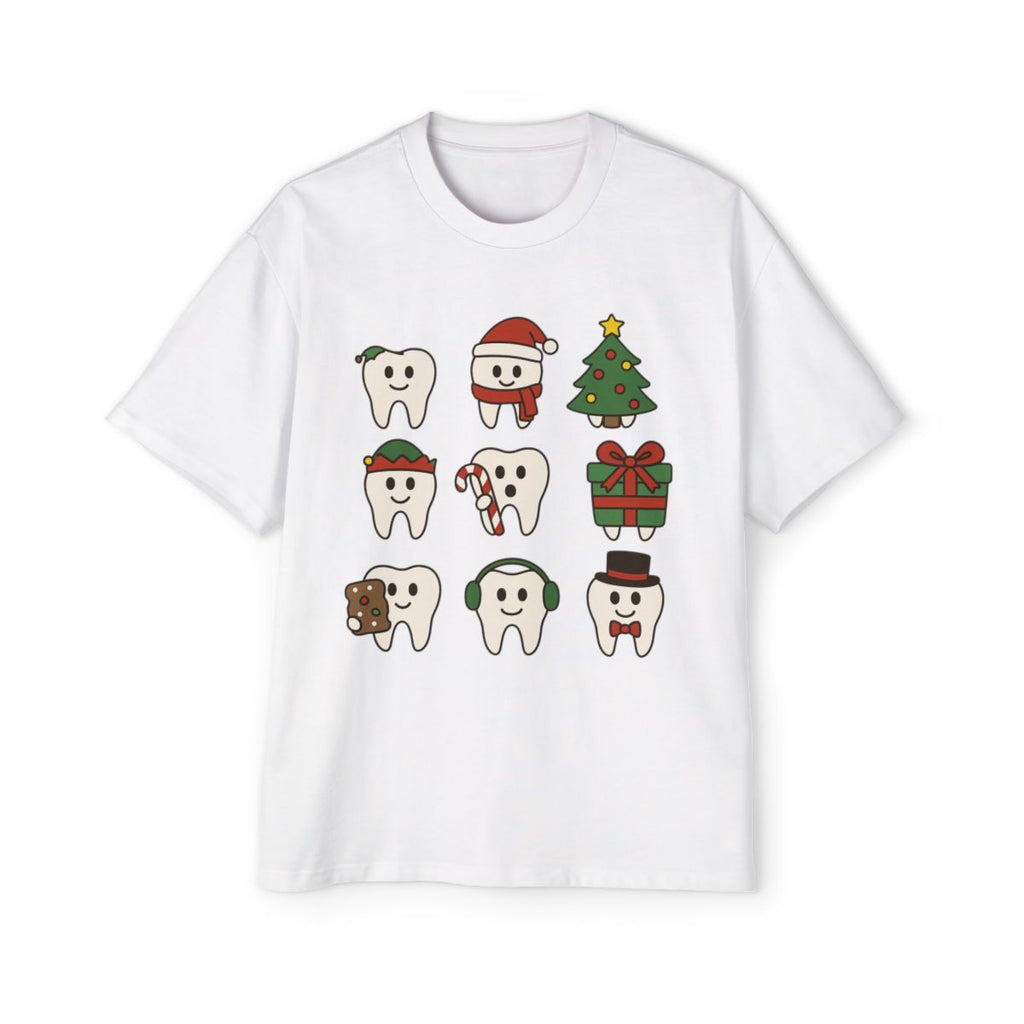 Festive Tooth Characters Oversized Tee, Holiday T-Shirt, Christmas Apparel, Gift Idea, Cute Graphic Tee