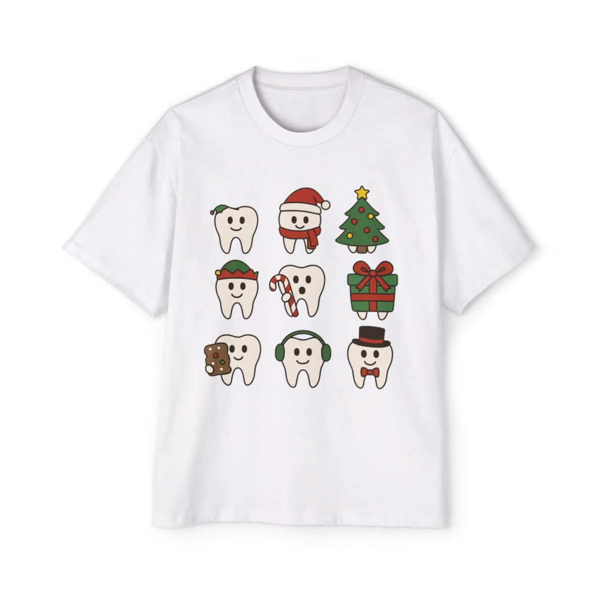 Festive Tooth Characters Oversized Tee, Holiday T-Shirt, Christmas Apparel, Gift Idea, Cute Graphic Tee