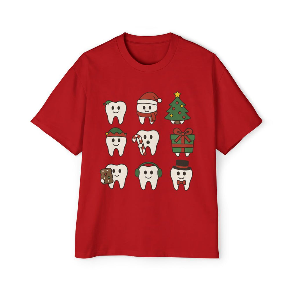 Festive Tooth Characters Oversized Tee, Holiday T-Shirt, Christmas Apparel, Gift Idea, Cute Graphic Tee